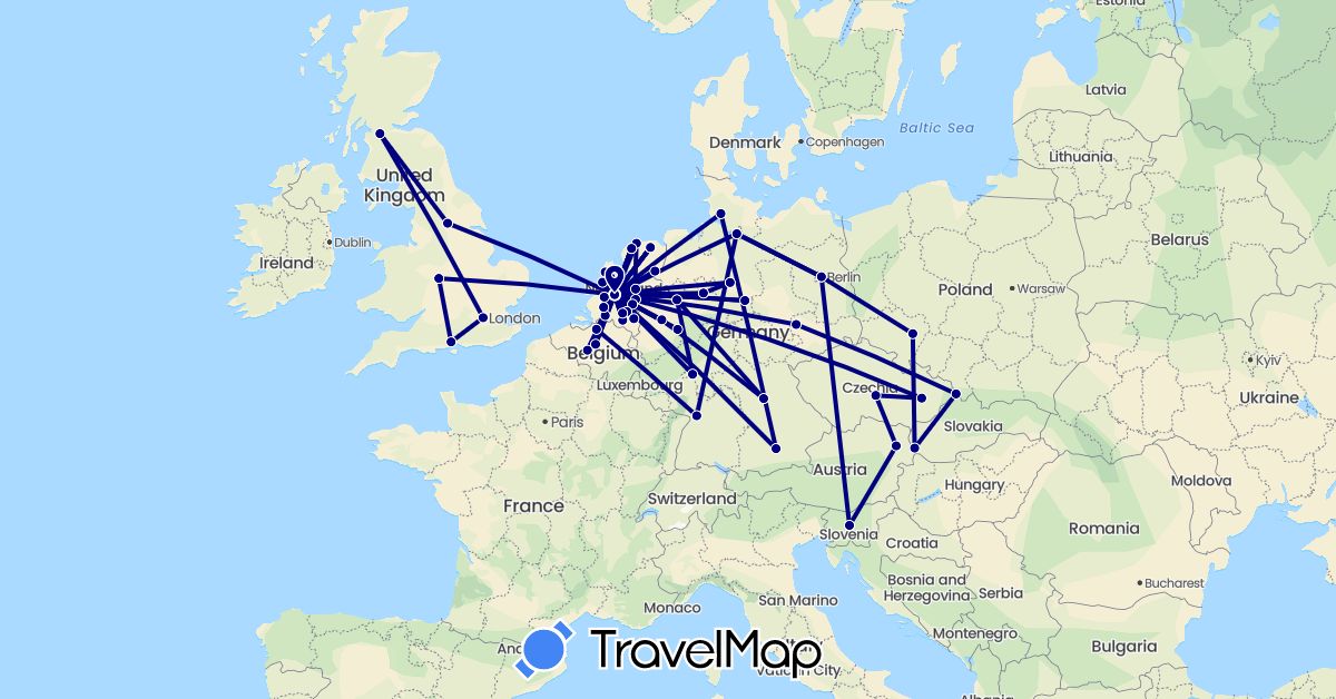 TravelMap itinerary: driving in Austria, Belgium, Czech Republic, Germany, United Kingdom, Netherlands, Poland, Slovenia, Slovakia (Europe)